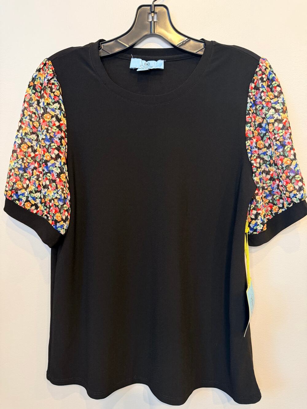 CeCe Black Blouse Floral Puff Sheer Sleeve Top NWT Size Small